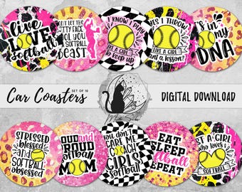 Softball Car Coaster Png, Sports Coaster Design, Softball Drip Sublimation Graphic, Hit Like a Girl Instantly Download, Softball Mom Bundle