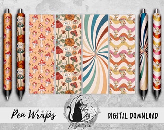 Mushroom Pen Wrap Png Bundle, Retro Vinyl Pen Wrap Design, Hippie Sublimation Graphics, Inkjoy Pattern Instant Download, Epoxy Pen Printable