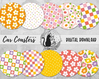 Retro Car Coaster Png Bundle, Hippie Coaster Designs, Flower Boho Sublimation Graphics, Checker Print Instant Download, 70's Aesthetic Decor
