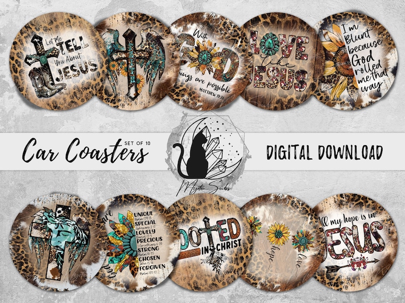 May include: Set of 10 round car coasters with a leopard print background. The coasters feature various Christian-themed designs with text such as "Let Me Tell You About Jesus", "With God All Things Are Possible", "Love Like Jesus", "I'm Blunt Because God Rolled Me That Way", "Unique, Special, Lovely, Precious, Strong, Chosen, Forgiven", "Doted In Christ", "All My Hope Is In Jesus".