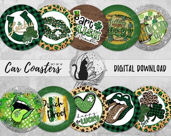 St Patrick's Day Car Coaster Png, Lucky Coaster Designs, Plaid Sublimation Graphic, Leopard Print Instantly Download, Car Coaster Bundle