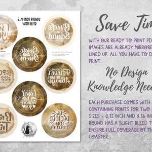 May include: Printable digital download of eight 2.75 inch round coasters with gold watercolor and calligraphy text. The text includes phrases like "I said yes", "Bride Squad", "Pop the Fizz Kiss", "Always Be My Forever", "I Can't Wait to Marry You", "We Decided on Forever", "Bride Tribe", and "Bride and Groom".