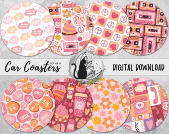 Retro Car Coaster Png Bundle, Hippie Coaster Designs, Call Me Boho Sublimation Graphics, Mix Tape Instant Download, 70's Aesthetic Decor