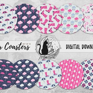 Pacote Rainy Car Coaster Png, gráficos de sublimação de guarda-chuva, download instantâneo de relâmpagos, gráficos para impressão de galochas, designs de montanha-russa