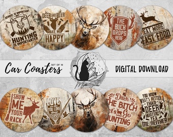 Deer Hunter Car Coaster Png Bundle, Deer Theme Coaster Designs, Men's Sublimation Graphics, Masculine Print Instant Download, Manly Hunting