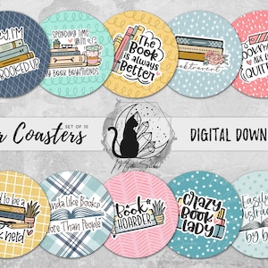 Book Coaster Png Bundle, Book Nerd Gift Coaster Design, Book Lover Sublimation Graphic, Bookworm Instant Download, Reading Printable Graphic