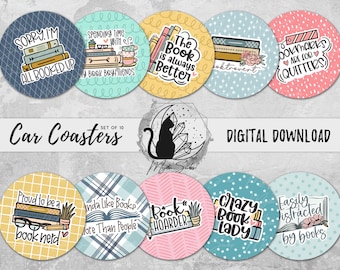 Book Coaster Png Bundle, Book Nerd Gift Coaster Design, Book Lover Sublimation Graphic, Bookworm Instant Download, Reading Printable Graphic