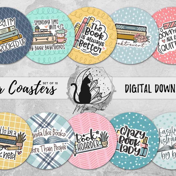 Book Coaster Png Bundle, Book Nerd Gift Coaster Design, Book Lover Sublimation Graphic, Bookworm Instant Download, Reading Printable Graphic