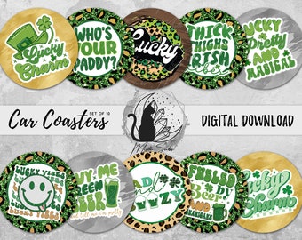 St Patrick's Day Car Coaster Png, Lucky Coaster Designs, Glitter Sublimation Graphic, Leopard Print Instantly Download, Car Coaster Bundle