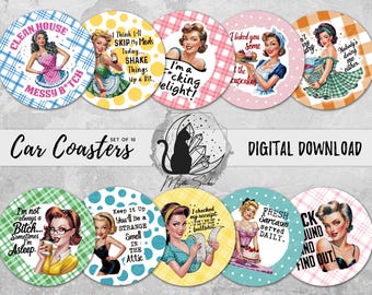 Retro Housewife Car Coaster Png Bundle, Pin Up Coaster Designs, Sarcastic Pinup Sublimation Graphics, Funny Rockabilly Printable Download