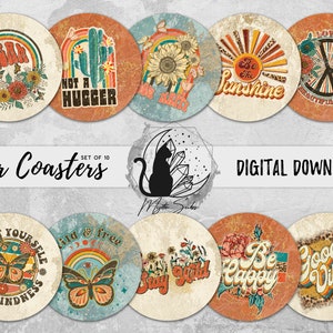 Boho Car Coaster Png Bundle, Trendy Coaster Designs, Vintage Sublimation Graphics, Retro Instant Download, Rustic Printable Graphics
