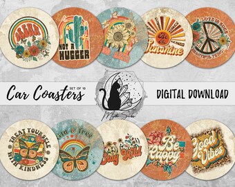 Boho Car Coaster Png Bundle, Trendy Coaster Designs, Vintage Sublimation Graphics, Retro Instant Download, Rustic Printable Graphics
