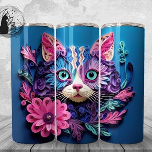 3D Cat Tumbler Wrap Png, 20 oz Cat Lover Tumbler Background Design, Animal Sublimation Graphics, Quilled Paper Kitty Instant Download Print