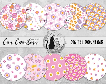 Retro Car Coaster Png Bundle, 90s Aesthetic Coaster Designs, Disco Sublimation Graphics,  Roller Skate Printable Graphic, Instant Download