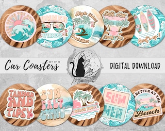 Summer Car Coaster Png Bundle, Beach Theme Coaster Designs, Sun & Sand Sublimation Graphics, Beach Bum Instant Download, Surfs Up Printable