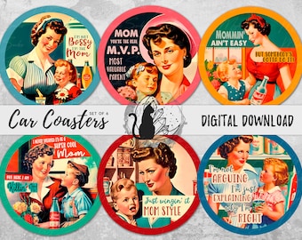 Mom Car Coaster Png Bundle, Vintage Mama Coaster Designs, Mother Sublimation Graphics, Retro Instant Download, Printable Graphics