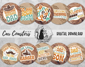 Father's Day Car Coaster Png Bundle, Dad Coaster Designs, Daddy Sublimation Graphics, Wood Textured Instant Download, Printable Graphics