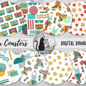 Retro Car Coaster Png Bundle, Roller Skate Coaster Designs, 80s Aesthetic Sublimation Graphics, Disco Printable Graphic, Instant Download
