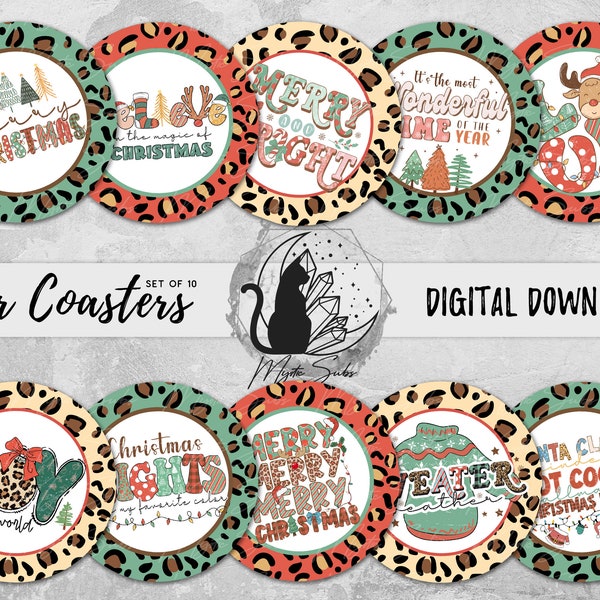 Christmas Car Coaster Png Bundle, Leopard Xmas Coaster Designs, Sublimation Graphics, Classic Holiday Instant Download, Merry Xmas Images