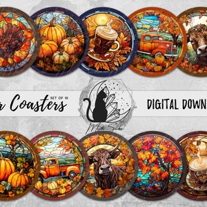 Fall Car Coaster Png Bundle, Stained Glass Coaster Designs, Leaves Sublimation Graphics, Pumpkin Instant Download, Turkey Printable