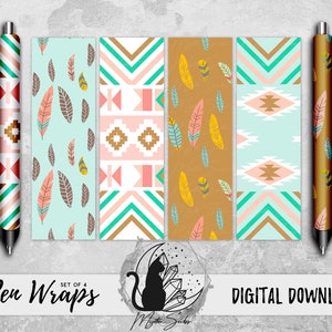 Boho Pen Wrap Png Bundle, Trendy Vinyl Pen Wrap Designs, Feather Pattern Sublimation Graphic, Inkjoy Instant Download, Epoxy Pen Printable