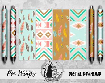 Boho Pen Wrap Png Bundle, Trendy Vinyl Pen Wrap Designs, Feather Pattern Sublimation Graphic, Inkjoy Instant Download, Epoxy Pen Printable