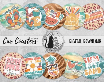 Summer Car Coaster Png Bundle, Beach Theme Coaster Designs, Sun & Sand Sublimation Graphics, Beach Bum Instant Download, Surfs Up Printable