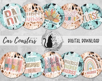 Nurse Car Coaster Png Bundle, Registered Nurse Coaster Designs, Healthcare Sublimation Graphics, Medical Download, School Nurse Printable