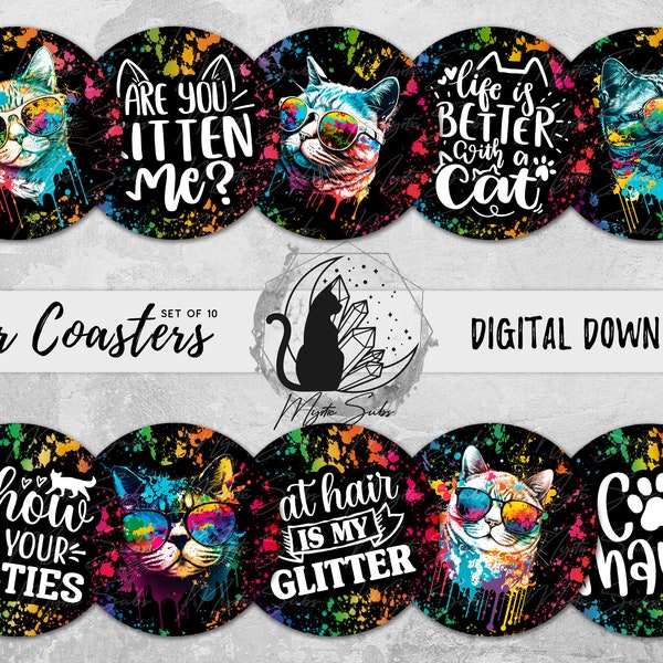 Cat Car Coaster Png Bundle, Cat Lover Coaster Designs, Kitten Sublimation Graphics, Painted Kitty Instant Download, Cat Mom Printable
