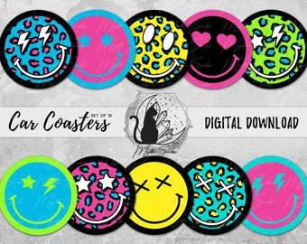 Happy Face Car Coaster Png Bundle, Smile Theme Coaster Designs, Funny Sublimation Graphics, Leopard Print Instant Download, Neon Printable