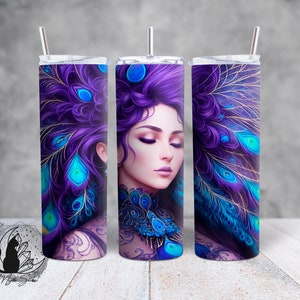 Tumbler Wrap Fantasy, 20 oz Skinny Tumbler Sublimation Design, Vibrant Peacock Princess Instant Digital Download PNG, Straight & Tapered PNG