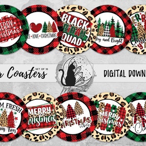 May include: Set of 10 car coasters with various Christmas-themed designs. The coasters feature plaid, leopard print, and text like "Merry Christmas," "Black Friday Squad," and "Christmas Y'all." The coasters are round and have a digital download option.