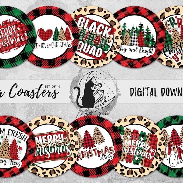 Christmas Car Coaster Png Bundle, Plaid Xmas Coaster Designs, Leopard Sublimation Graphics, Gingham Holiday Instant Download, Classic PNG
