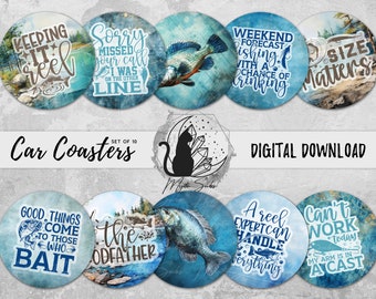 Fishing Car Coaster Png Bundle, Fisherman Theme Coaster Designs, Men's Sublimation Graphics, Fish Lover Print Instant Download, Manly Images