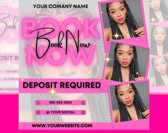 Pode incluir: Modelo de Instagram rosa e branco com o texto "Book Now" em letras grandes de cor rosa. O modelo também inclui um número de telefone, uma alça de mídia social e um endereço de site. O modelo é projetado para cabeleireiros, técnicos de unhas, maquiadores e empresas de beleza.