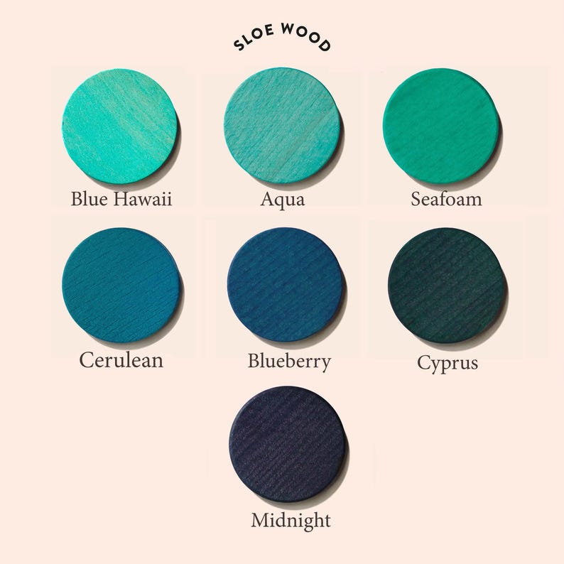 May include: Sloe Wood paint color chart with 7 different shades of blue, including Blue Hawaii, Aqua, Seafoam, Cerulean, Blueberry, Cyprus, and Midnight.