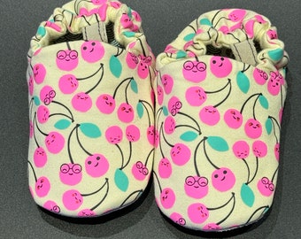 Poco Nido x Bonnie Mob Mini Shoes | Cherry Print Baby Shoes | Soft Soled Slippers | Chrome Free Suede | UK2, 6-12m | Barefoot Friendly