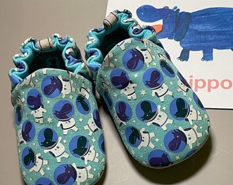 Space Hippo Turquoise Mini Shoes Size Eur 18| soft soled baby shoes| baby slippers| pre-walking shoes| first walking shoes| baby moccasins