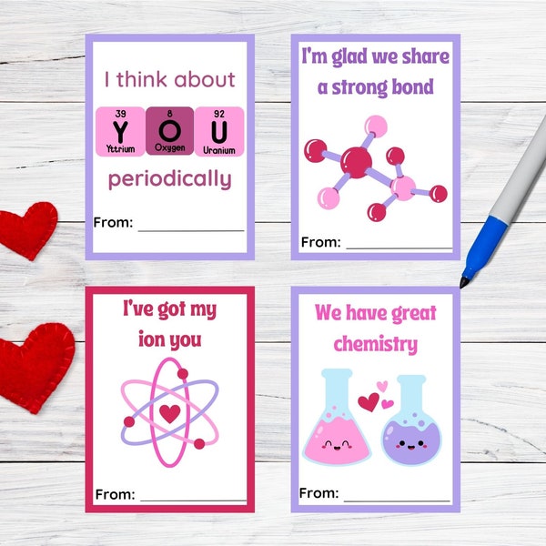 Printable Chemistry Valentines, Science Valentine Cards, Nerdy Valentine, Instant Download, Valentine's Day Cards Kids, Valentine Gift Tags