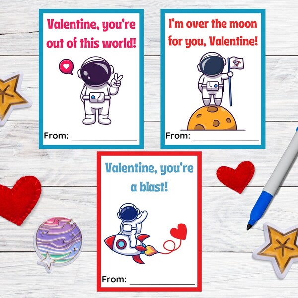 Printable Astronaut Space Valentines, Science Valentine Cards, Download, Valentine's Day Cards Kids, Valentine Gift Tags