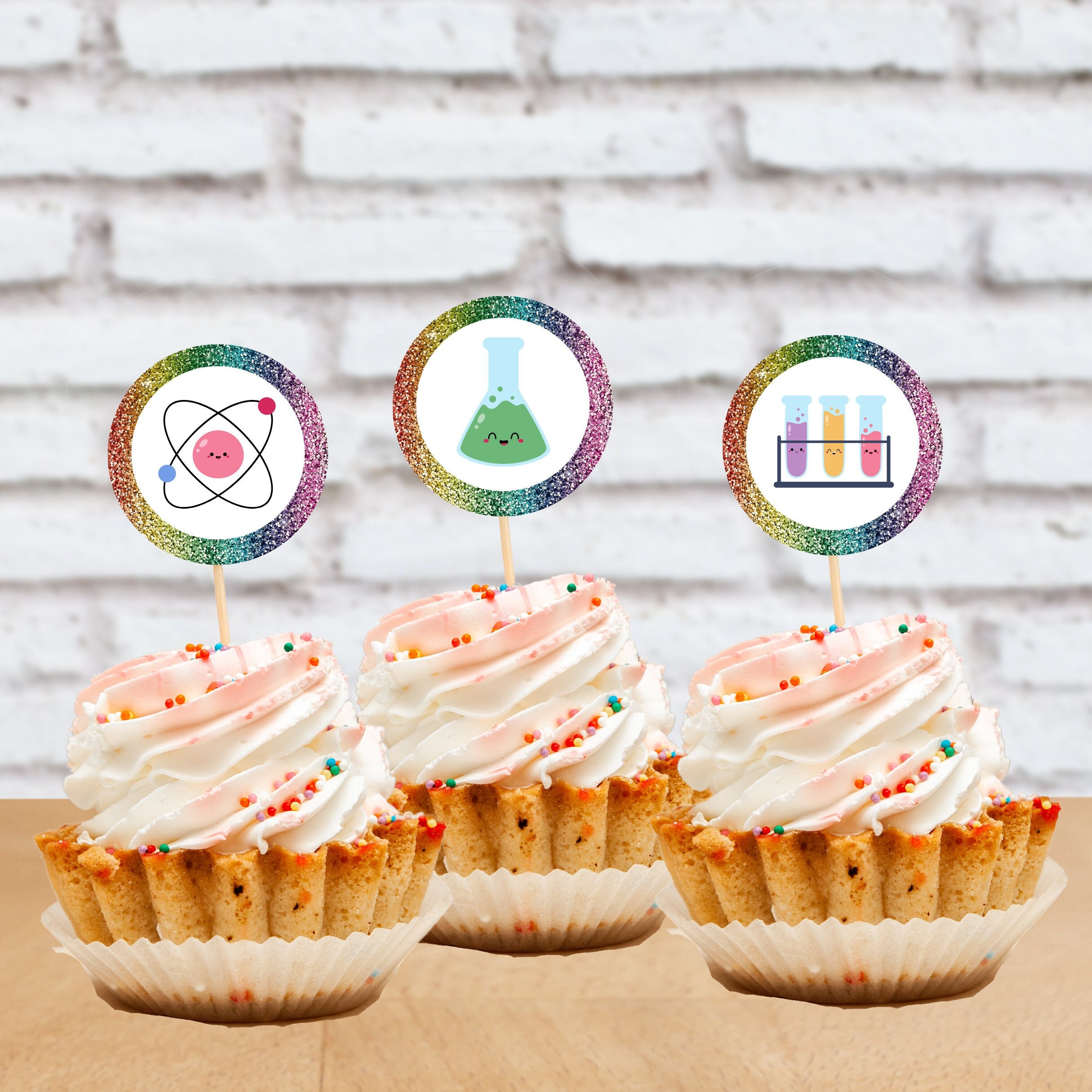 Toppers de cupcakes imprimibles de laboratorio de química Kawaii para  fiesta de cumpleaños de ciencia, image size:2430x2430