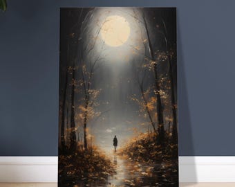 Impresión en lienzo de Bosque Encantado a la Luz de la Luna / Arte mural de paisaje nocturno místico / Decoración de serenidad celestial