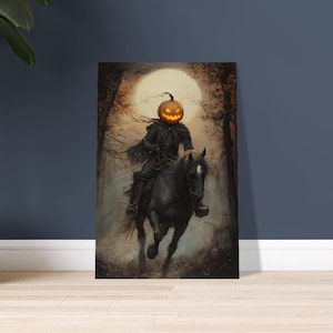 Headless Horseman Pumpkin Rider Poster | Gothic Halloween Decor | Dark Fantasy Oil Painting Print
