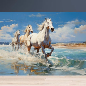 Wildes Strand Pferde Gemälde Poster | Reiter Ocean Decor | Großes nautisches Wandbild | Natur Ölgemälde Geschenk