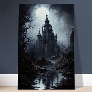 Gothic Schloss Mondnacht Poster Druck | Dark Fantasy Wandkunst | Gruselige Wanddekoration | Halloween-Dekor | Makaber Kunst | Märchenwald