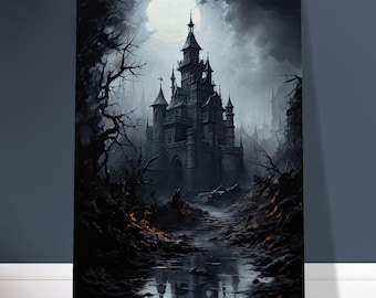 Puede incluir: Un castillo gótico oscuro con altas torres y arcos apuntados se alza en un bosque brumoso bajo una luna llena. El castillo se refleja en un charco de agua en primer plano.