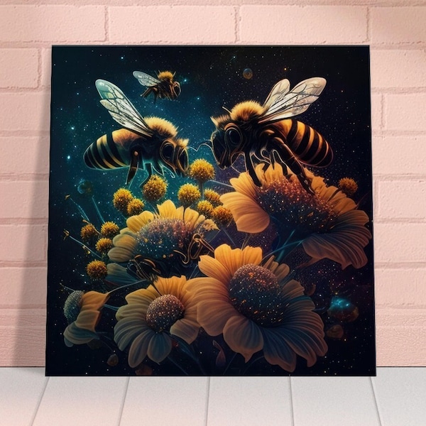 Sunflower Garden with Bees Canvas Print | Flower Art | Starry Night Sky | Nature Decor | Living Room Wall Art | Surreal Space