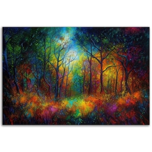 Impresión de cartel de bosque mágico vibrante / Arte de fantasía / Pintura colorida / Arte de hadas / Decoración de pared / Paisaje de bosque encantado
