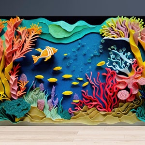 Coral Reef and Fish Canvas Print | Paper Quilling | Ocean Animals | Nursery Decor | Kids Room Wall Art | Bright Colors | Home Decorations