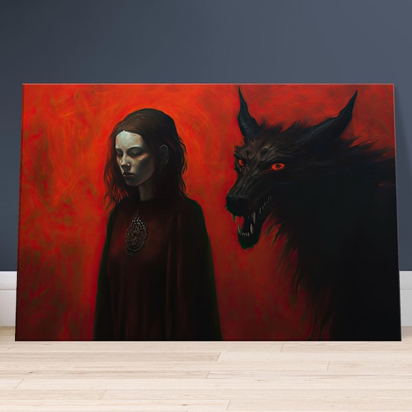 Rotkäppchen Dunkle Kunst Leinwand | Hexe Dekor | Dark Fantasy Leinwand | Gruselige Wanddekoration | Schwarze und rote Makabre Kunst | Dunkles Ölgemälde